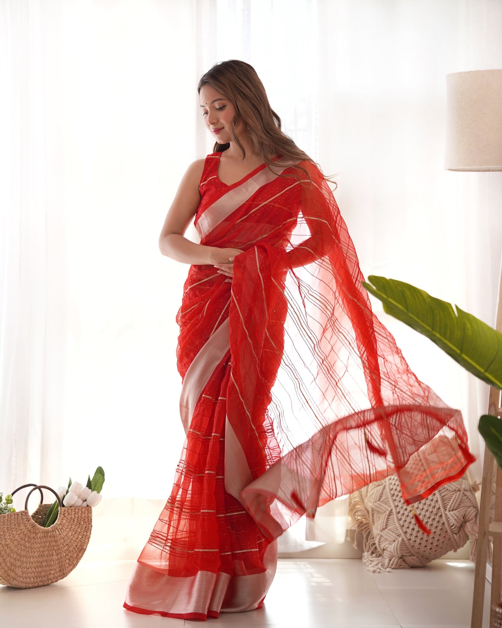 Party Wear Organza Red Saree