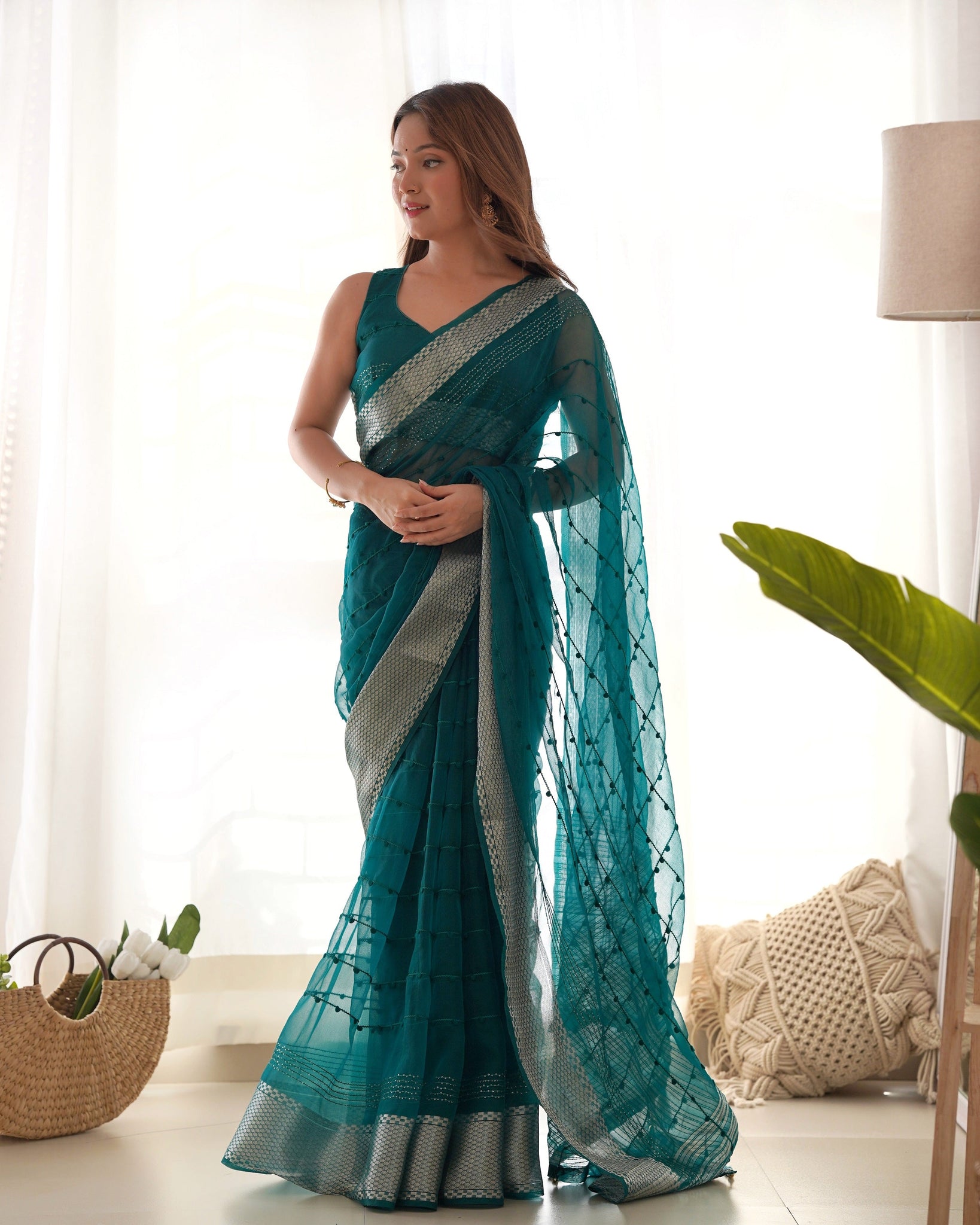 Organza Embroidered Green Saree