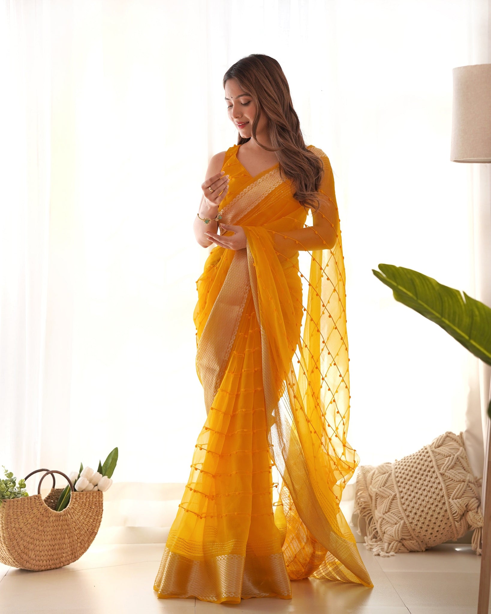 Organza Embroidered Yellow Saree