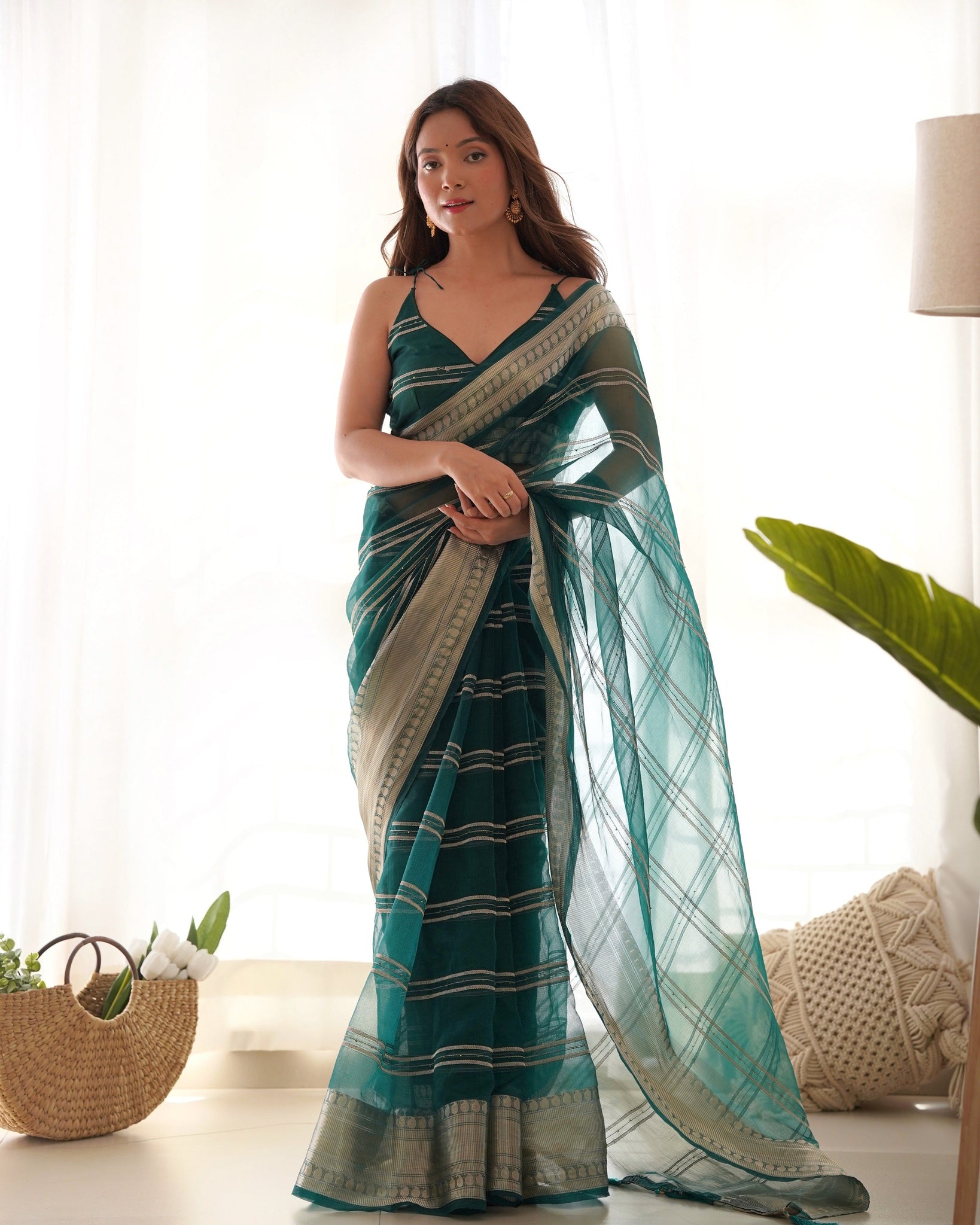 Organza Party Wear Green Saree