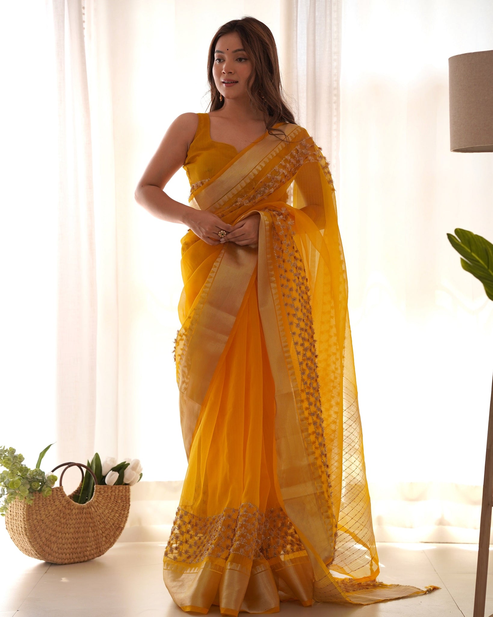 Party Wear Embroidered Yellow Saree