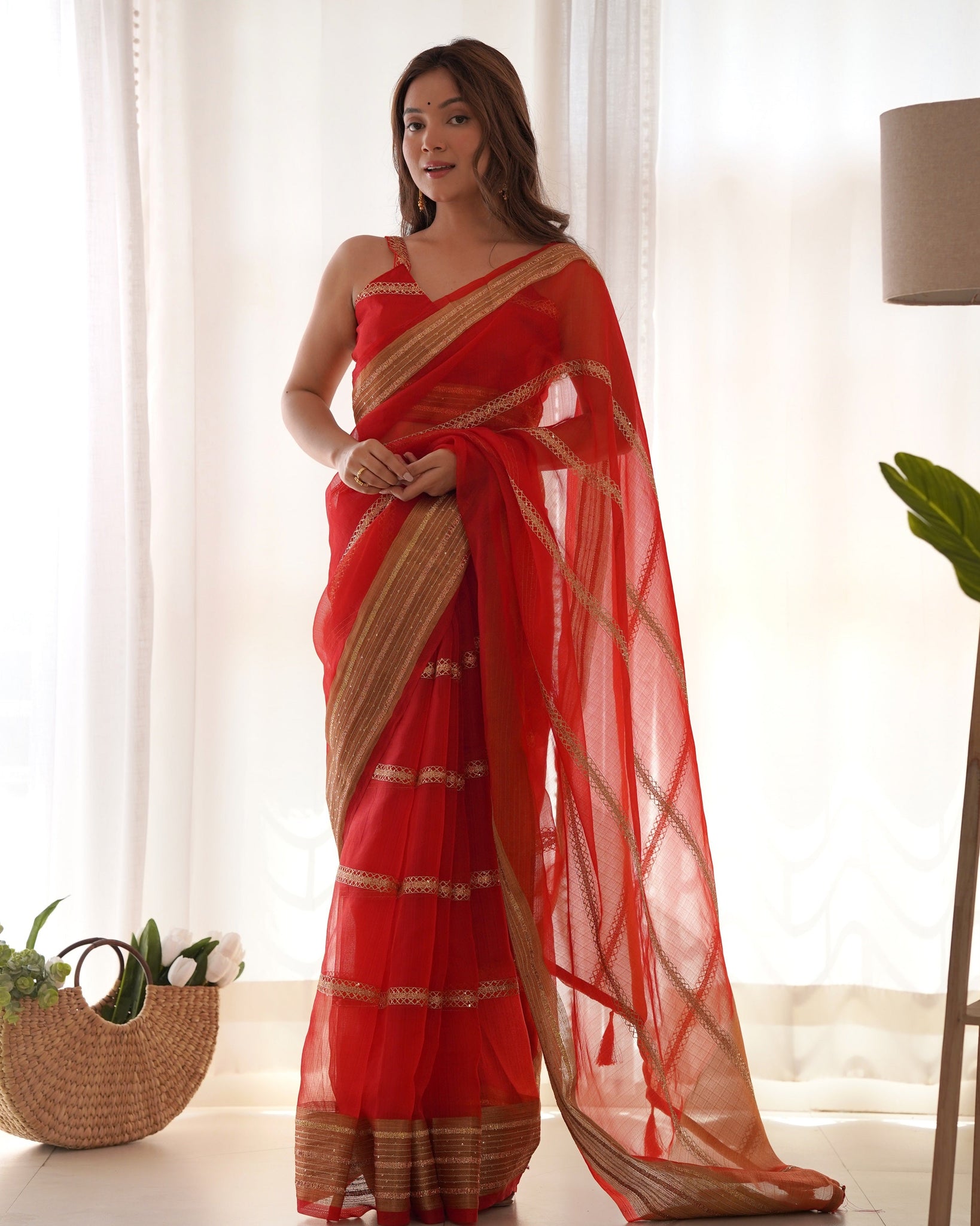 Party Wear Embroidered Red Saree