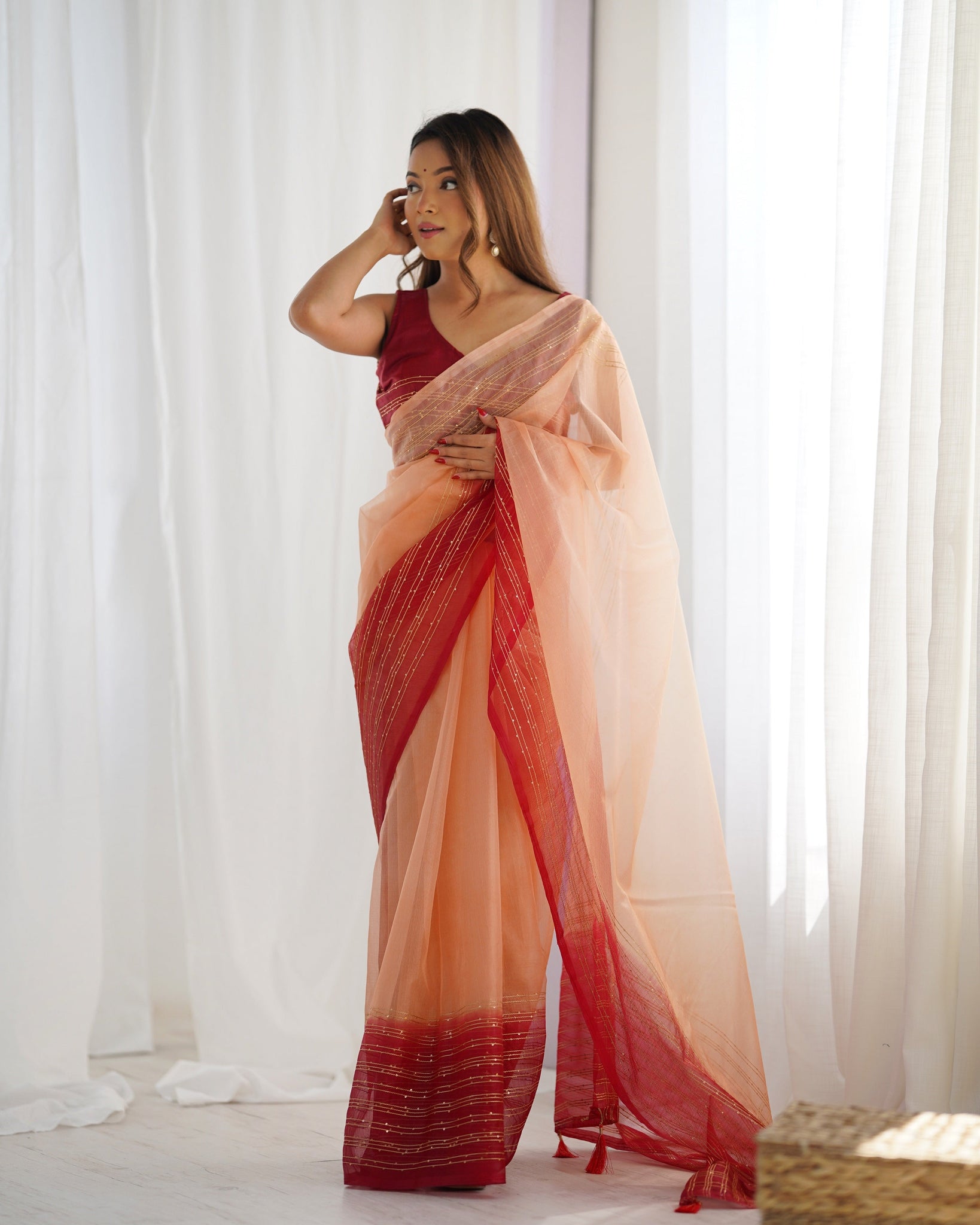 Peach Organza Festival Wear Saree for women