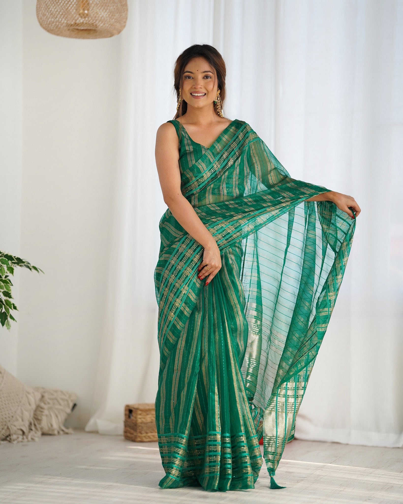 Green Organza Embroidered  Saree for women