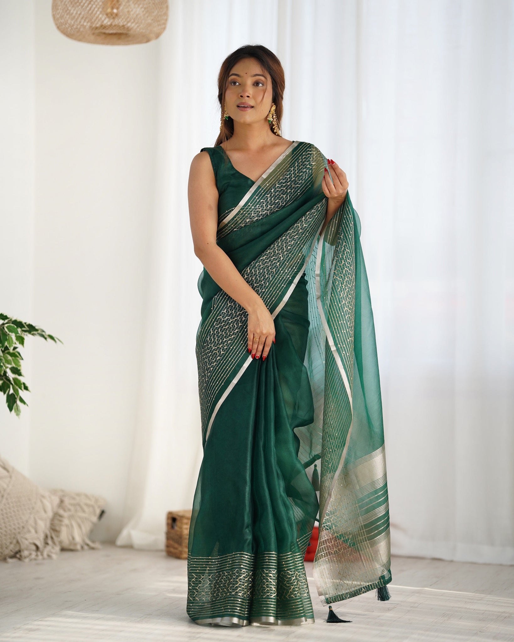 Green Festival Wear Embroidered Organza Saree for women