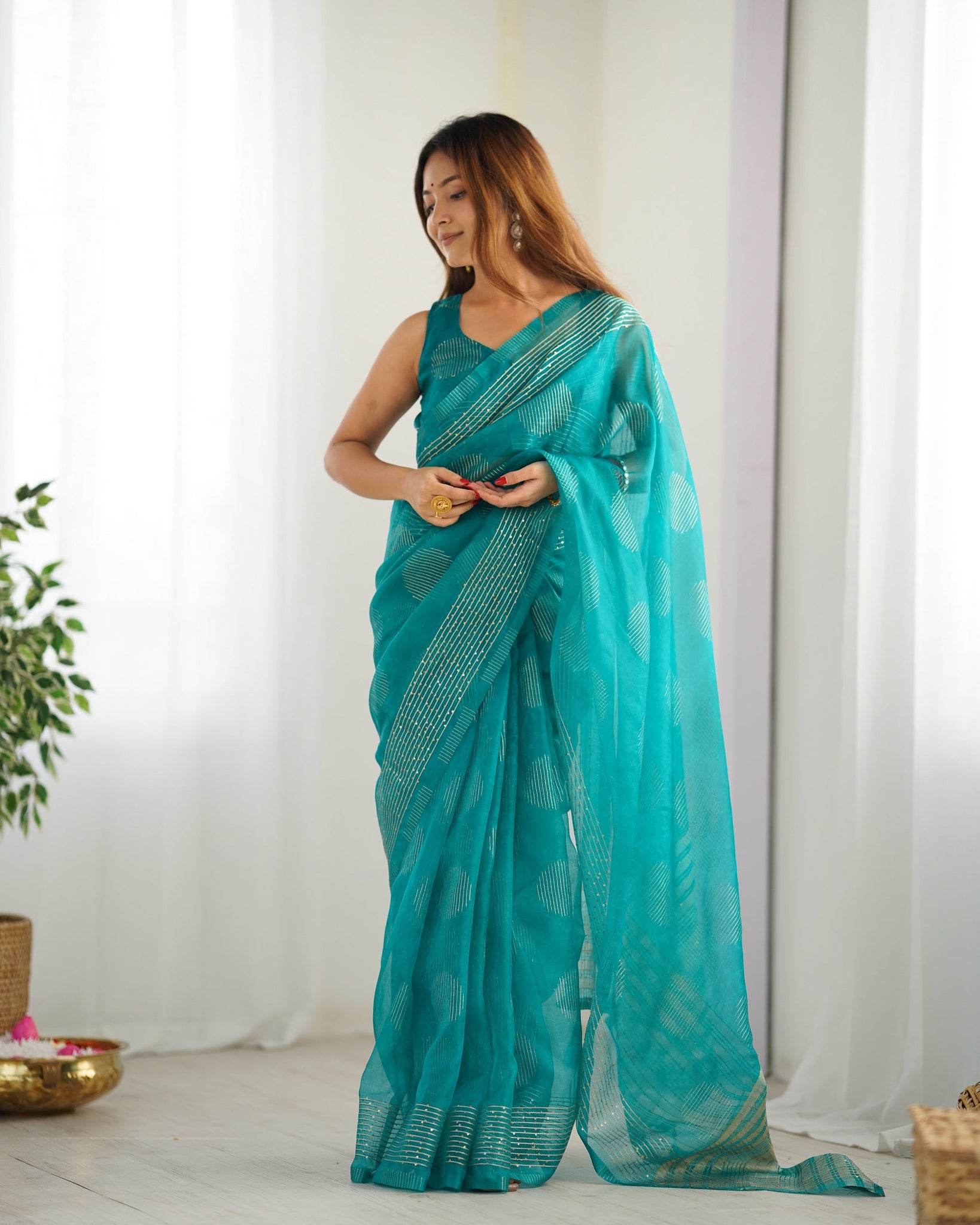 Turquoise Organza Embroidered  Saree for women