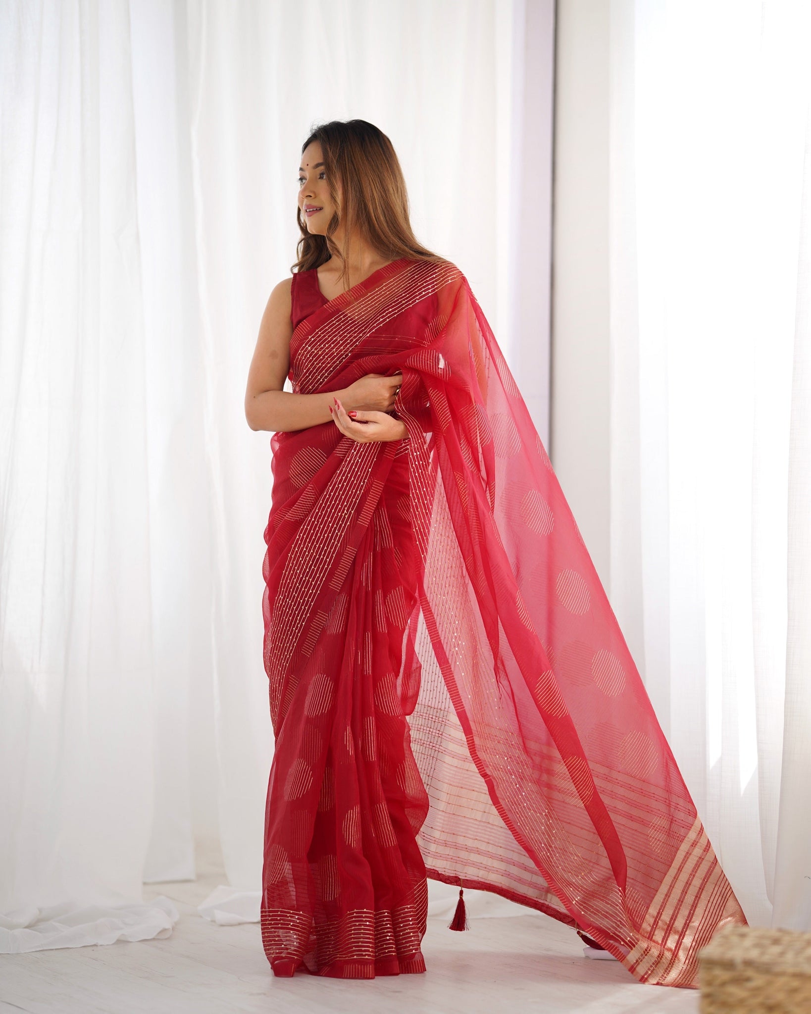 Red Festival Wear Embroidered Organza Saree for women