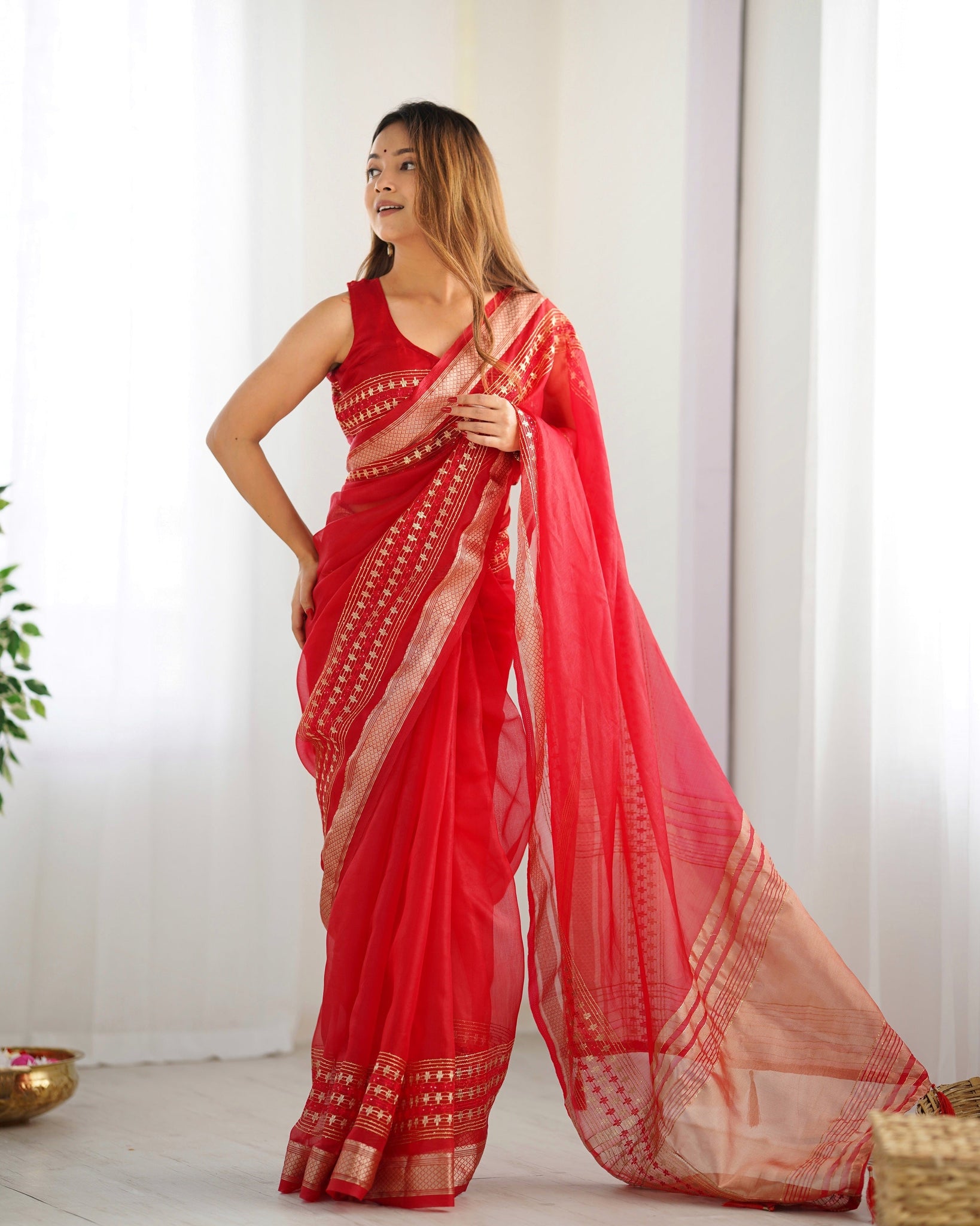 Red Festival Wear Organza Saree for women