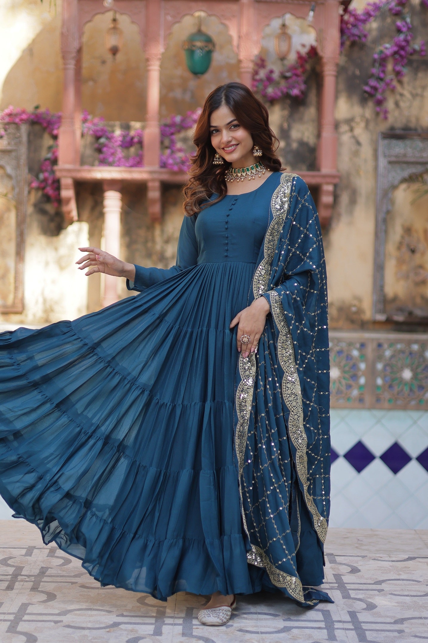 Teal Blue Anarkali Kurta Set with Embellished Dupatta for Women