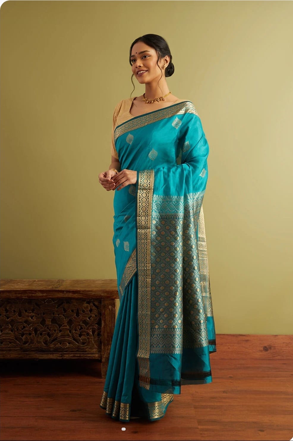 Teal Blue Banarasi Silk Saree with Gold Zari Border