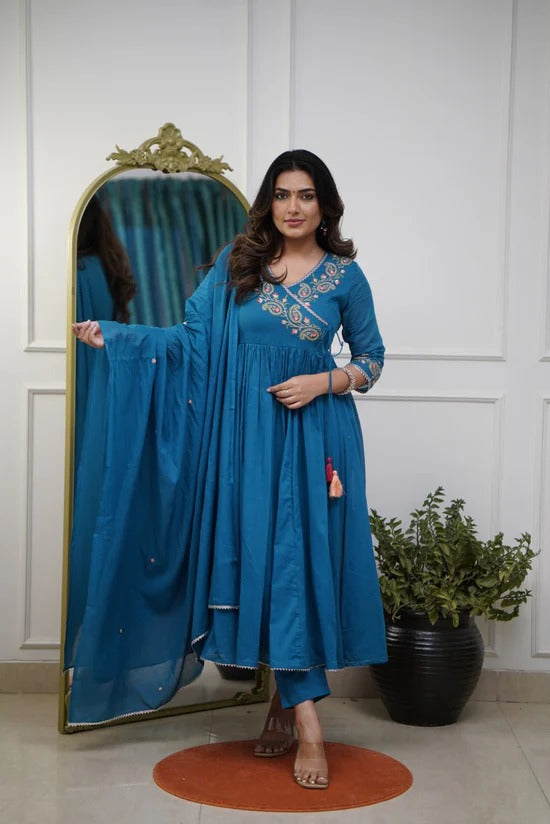Teal Blue Embroidered Kurta Set with Dupatta for Women