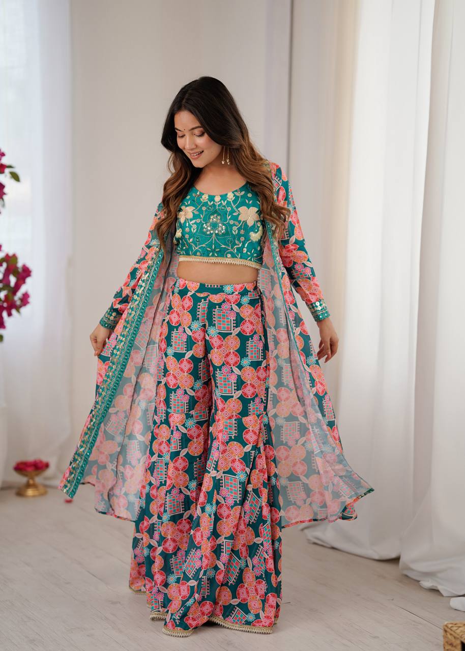 Teal Floral Indo-Western Co-ord Set for Women