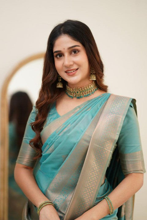 Teal Green Silk Saree with Gold Zari Border