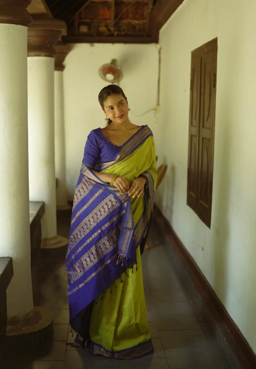 Traditional Handwoven Silk Saree with Temple Border & Zari Design
