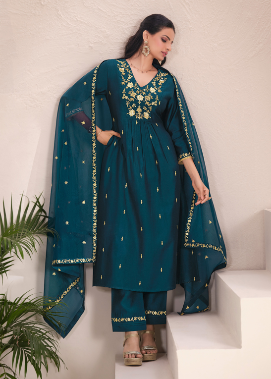 Teal Green Embroidered Kurta Set with Dupatta for Women