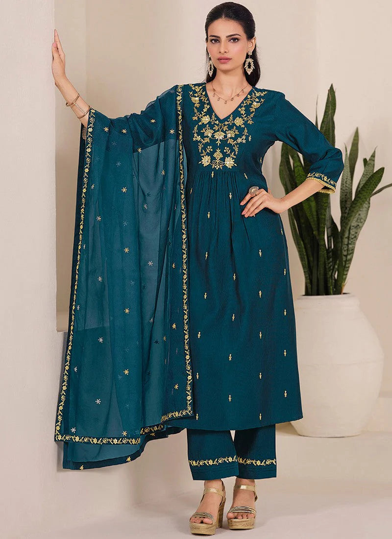 Teal Green Embroidered Kurta Set with Dupatta for Women