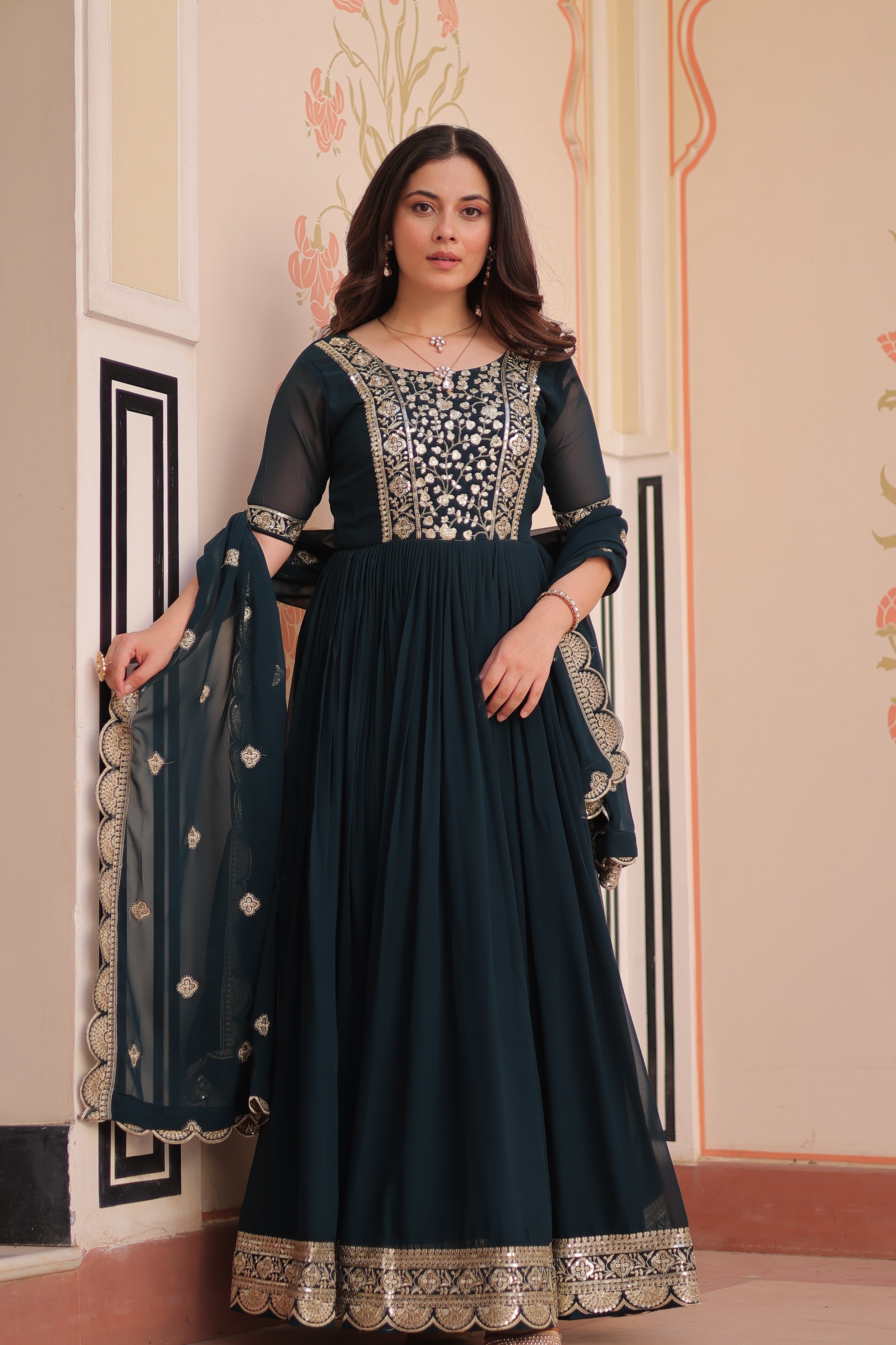 Embroidered Anarkali Gown with Dupatta for Women