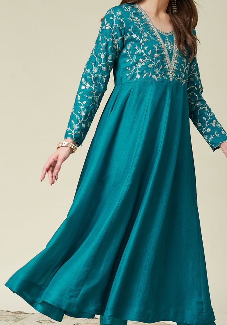 Turquoise Blue Embroidered Anarkali Kurta Set with Dupatta