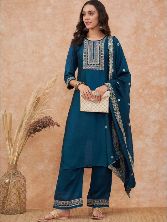 Stunning Turquoise Embroidered Kurta Set with Sheer Dupatta