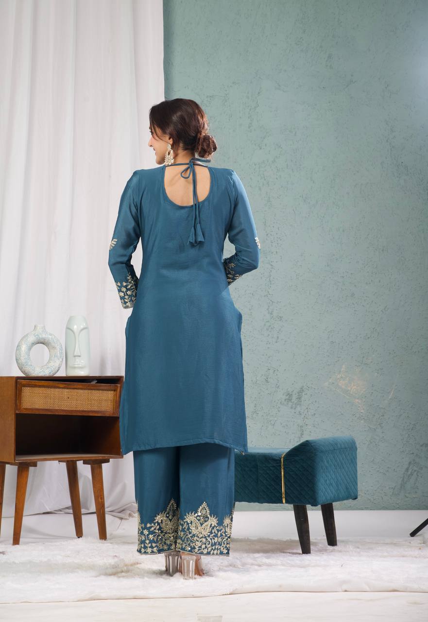Teal Blue Embroidered Kurta Set with Dupatta for Women