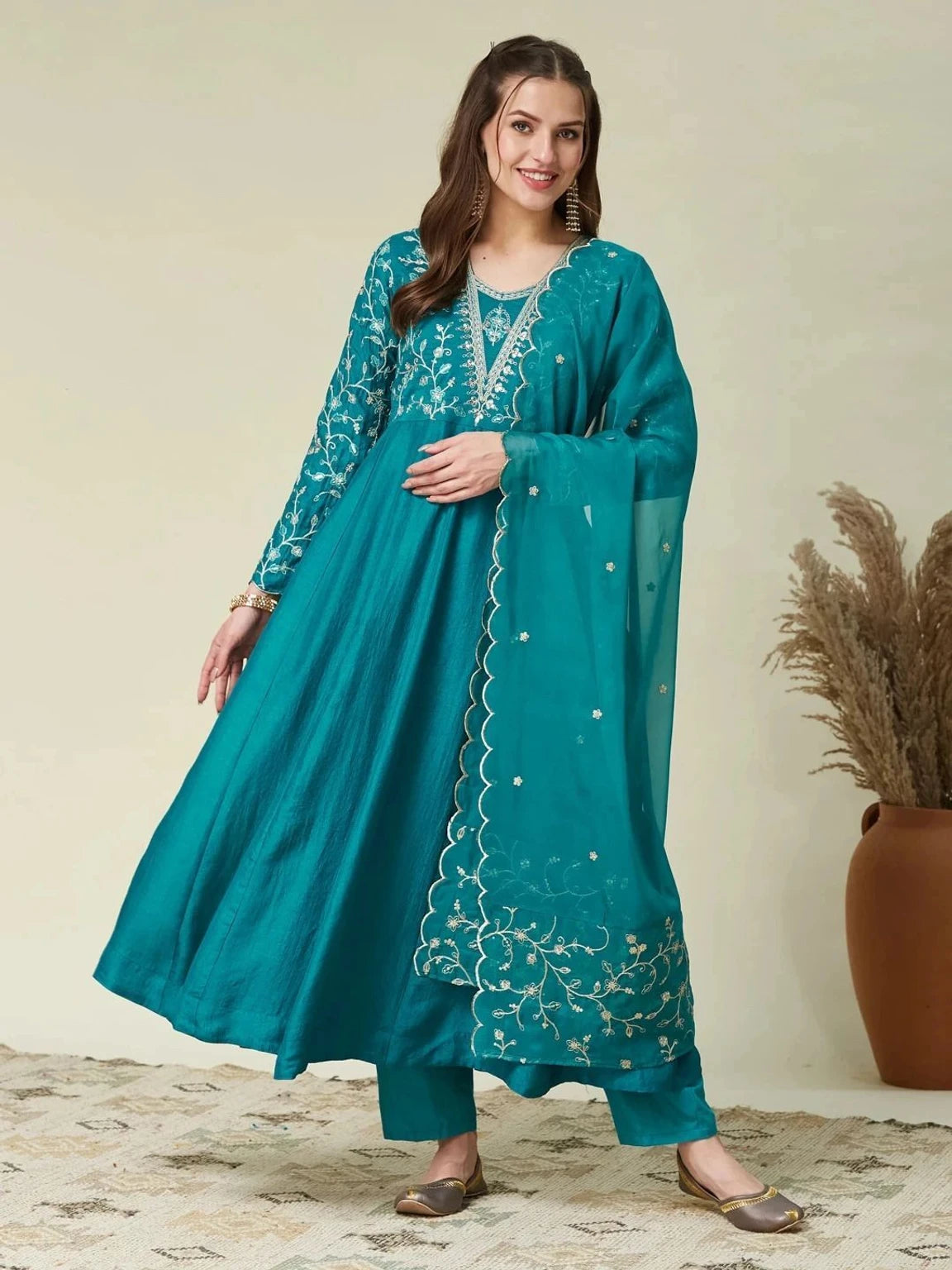 Turquoise Blue Embroidered Anarkali Kurta Set with Dupatta