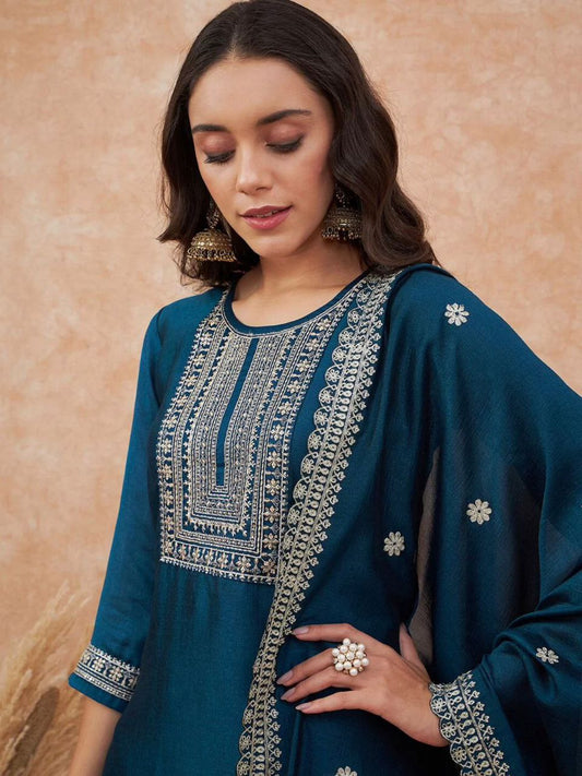 Stunning Turquoise Embroidered Kurta Set with Sheer Dupatta