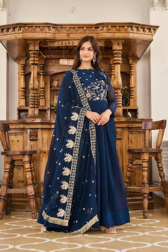 An Elegant Sapphire Anarkali Gown with a Detailed Dupatta and Timeless Charm