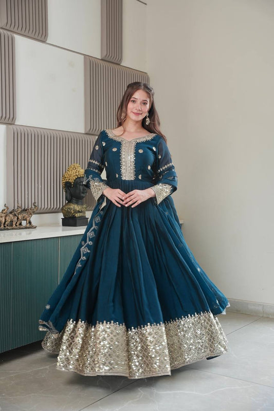 Elegant Turquoise Gown with Matching Dupatta – Women’s Ethnic Wear