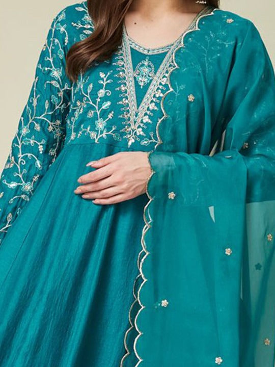 Turquoise Blue Embroidered Anarkali Kurta Set with Dupatta