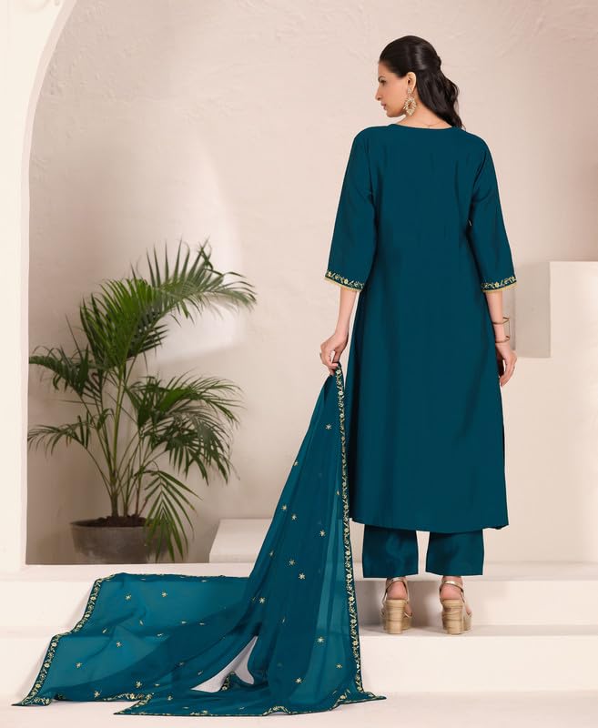 Teal Green Embroidered Kurta Set with Dupatta for Women