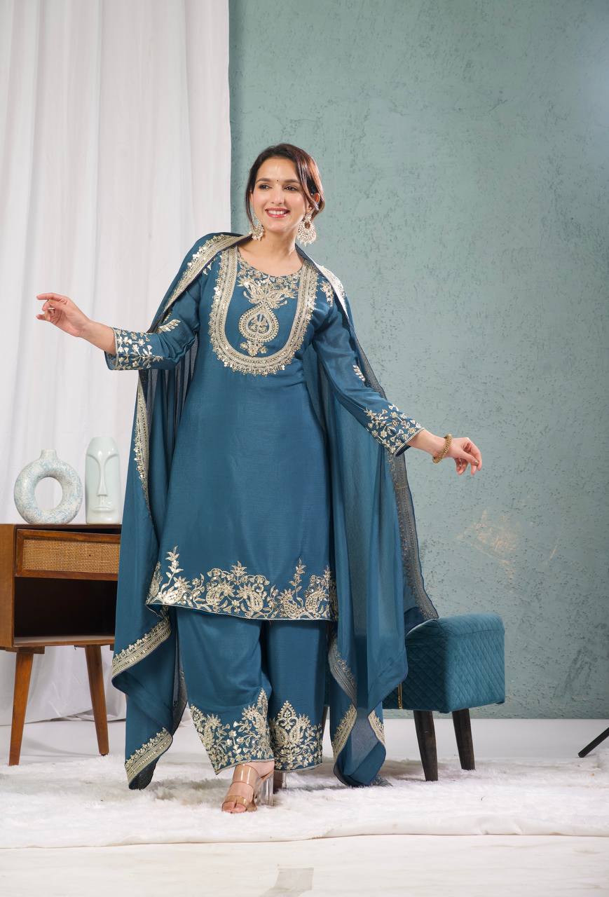 Teal Blue Embroidered Kurta Set with Dupatta for Women