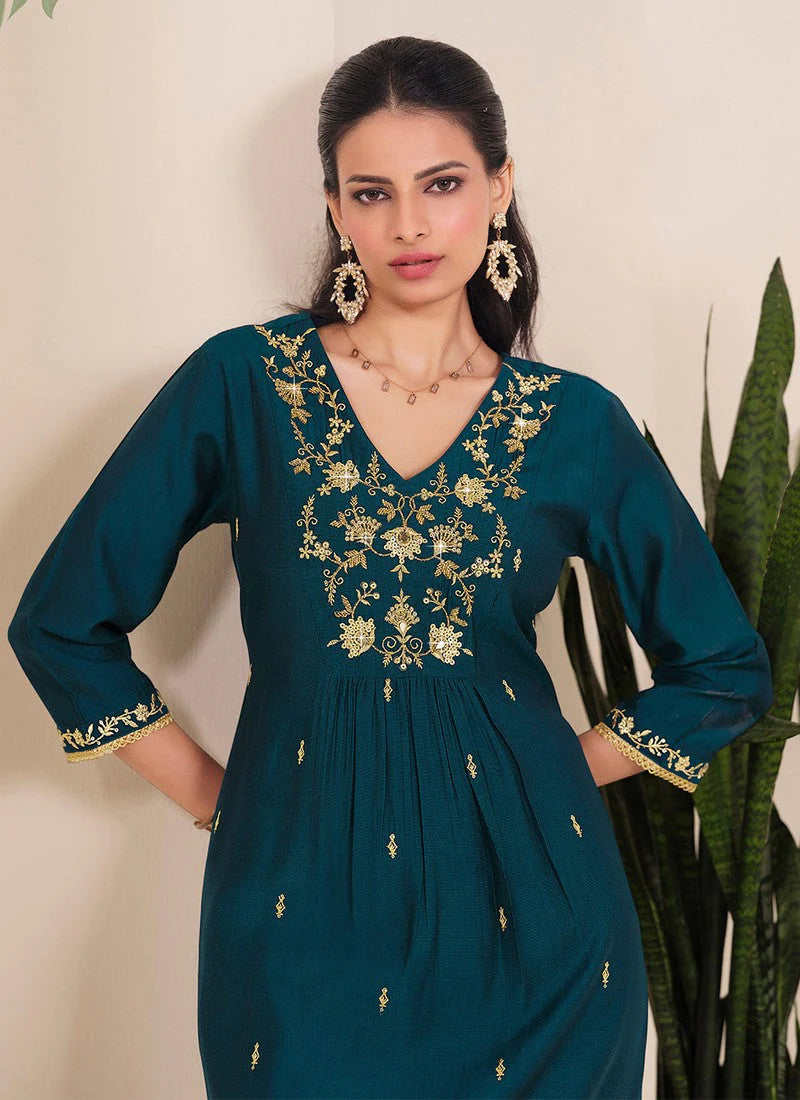 Teal Green Embroidered Kurta Set with Dupatta for Women