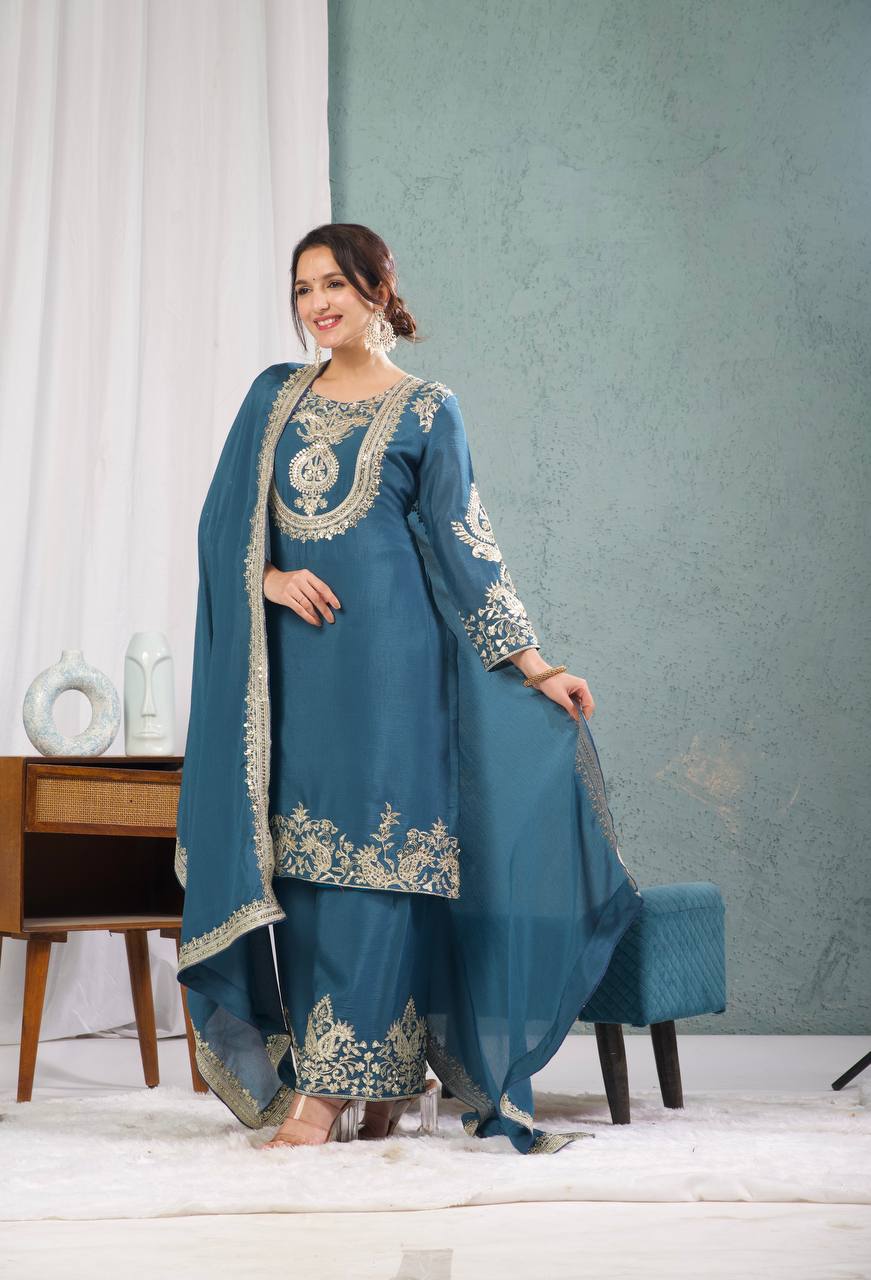 Teal Blue Embroidered Kurta Set with Dupatta for Women