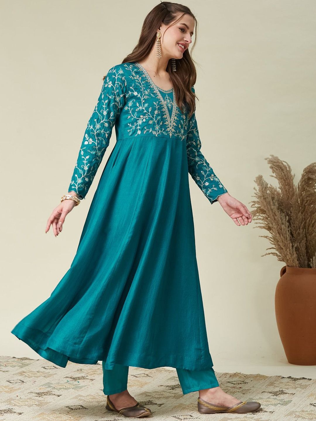 Turquoise Blue Embroidered Anarkali Kurta Set with Dupatta