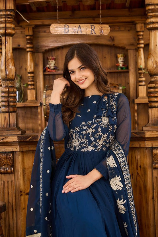 An Elegant Sapphire Anarkali Gown with a Detailed Dupatta and Timeless Charm