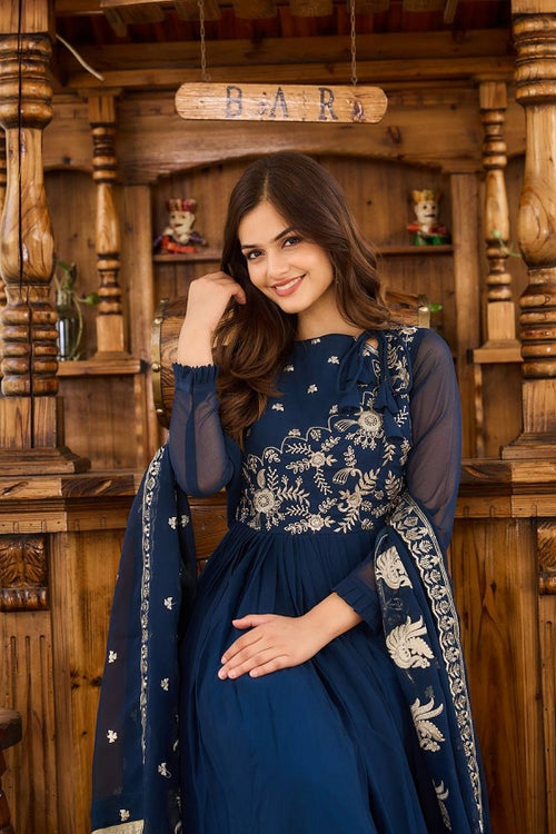 An Elegant Sapphire Anarkali Gown with a Detailed Dupatta and Timeless Charm