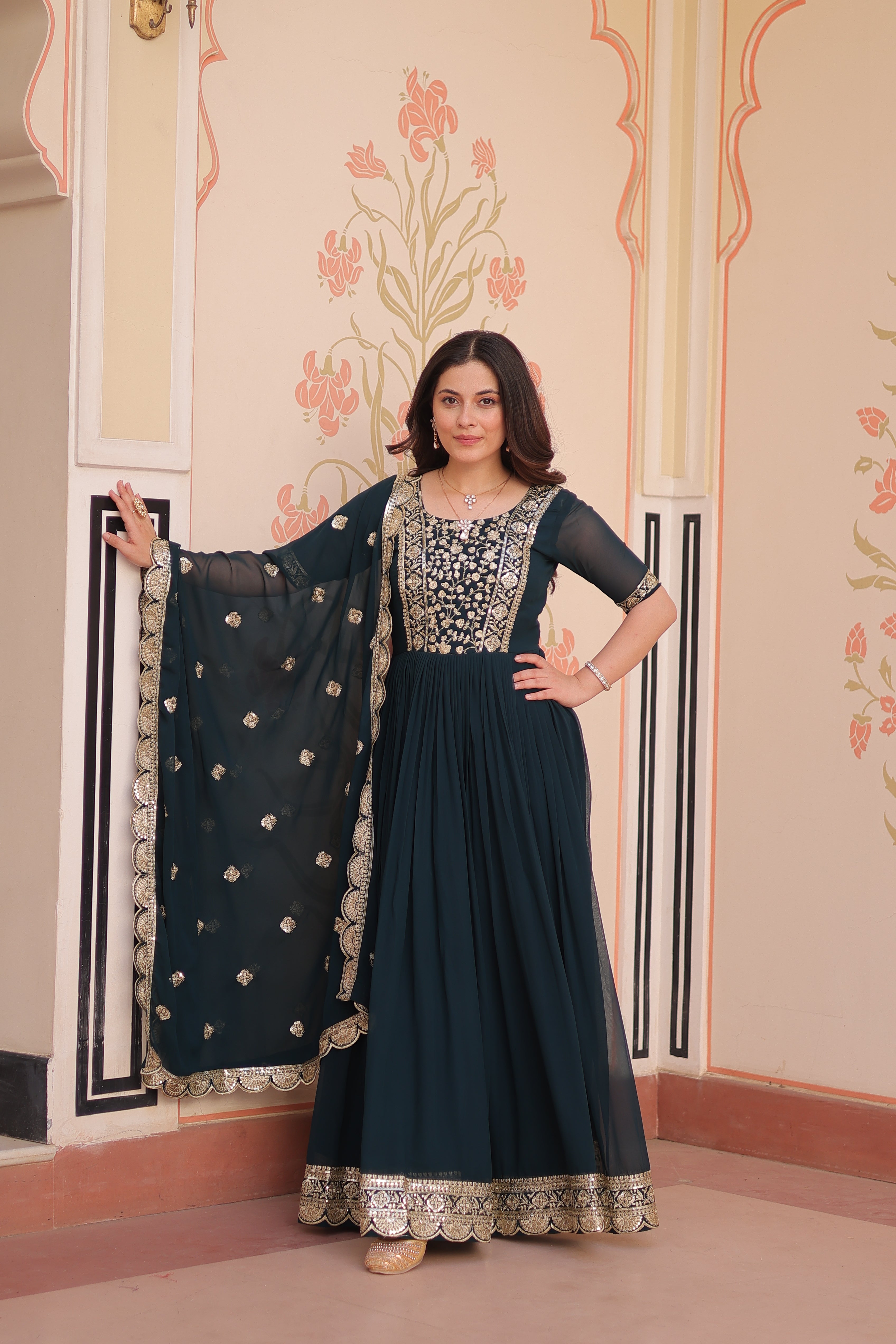 Embroidered Anarkali Gown with Dupatta for Women