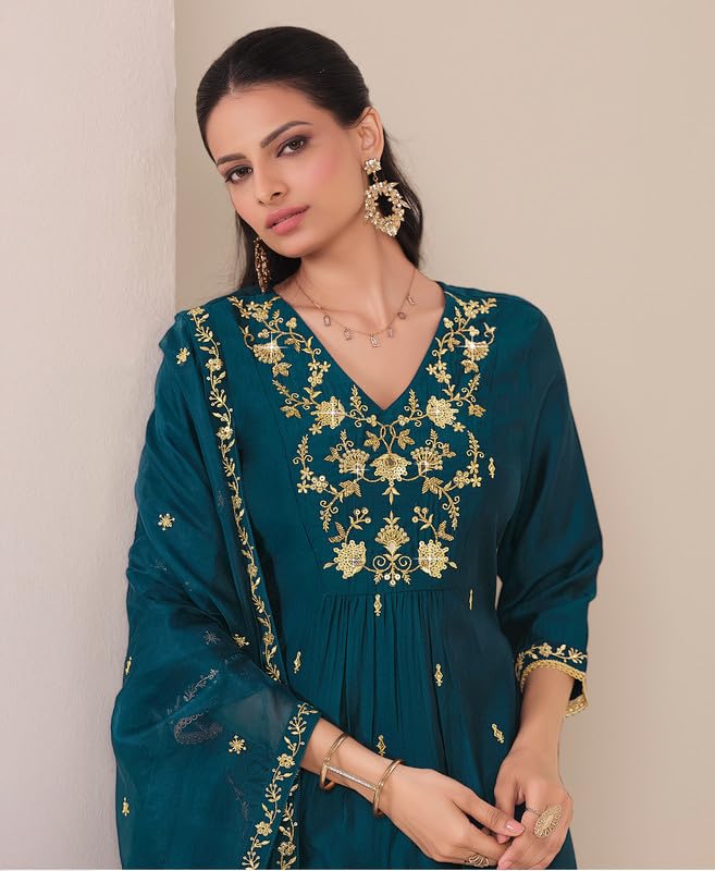 Teal Green Embroidered Kurta Set with Dupatta for Women