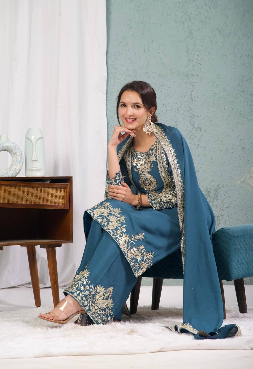 Teal Blue Embroidered Kurta Set with Dupatta for Women