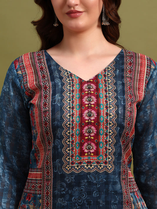 Turquoise Blue Printed Kurta Set with Dupatta & Pants – Elegant Ethnic Wear