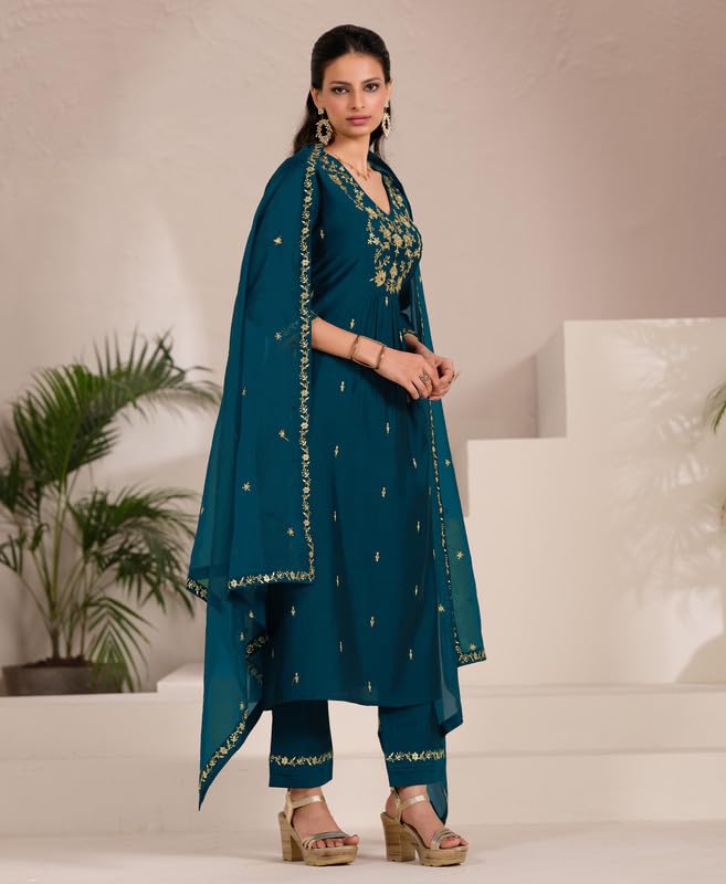 Teal Green Embroidered Kurta Set with Dupatta for Women