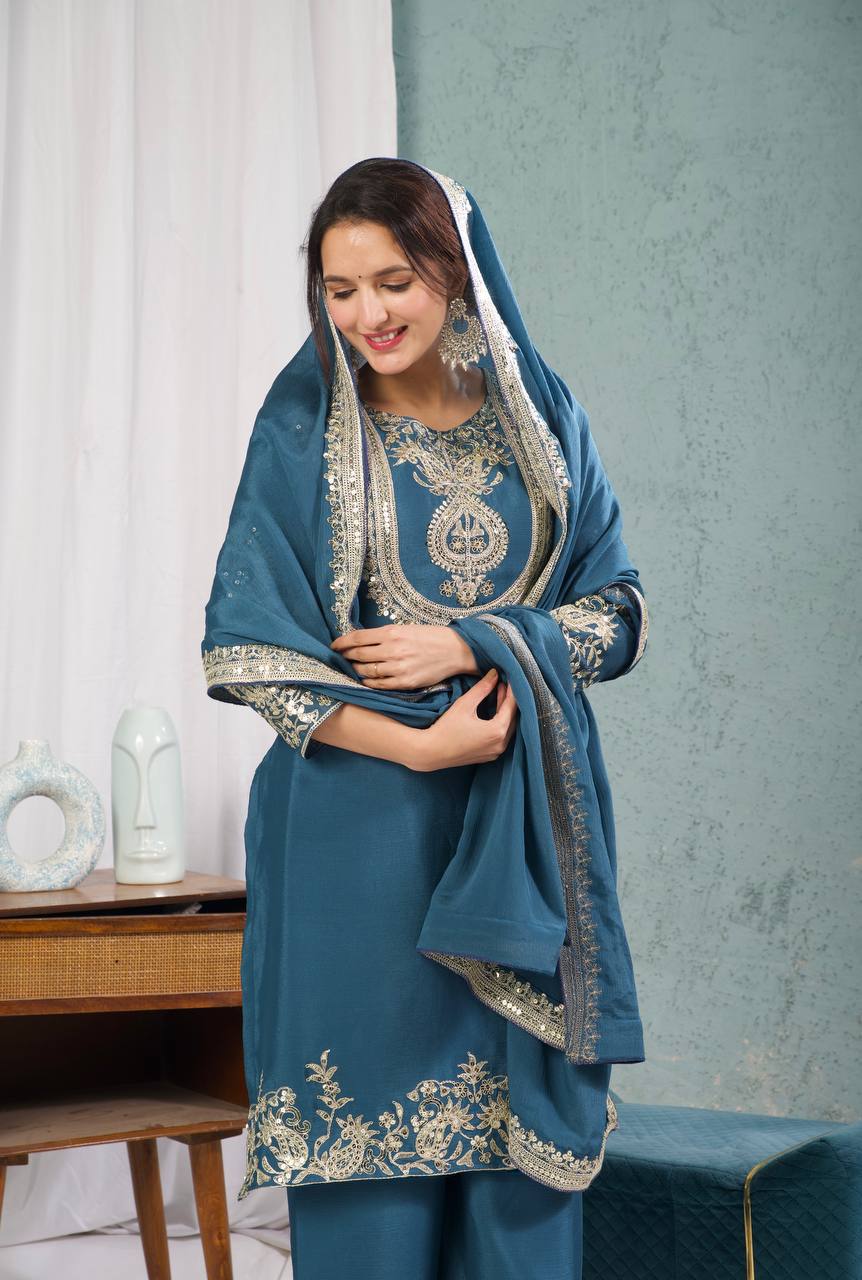Teal Blue Embroidered Kurta Set with Dupatta for Women