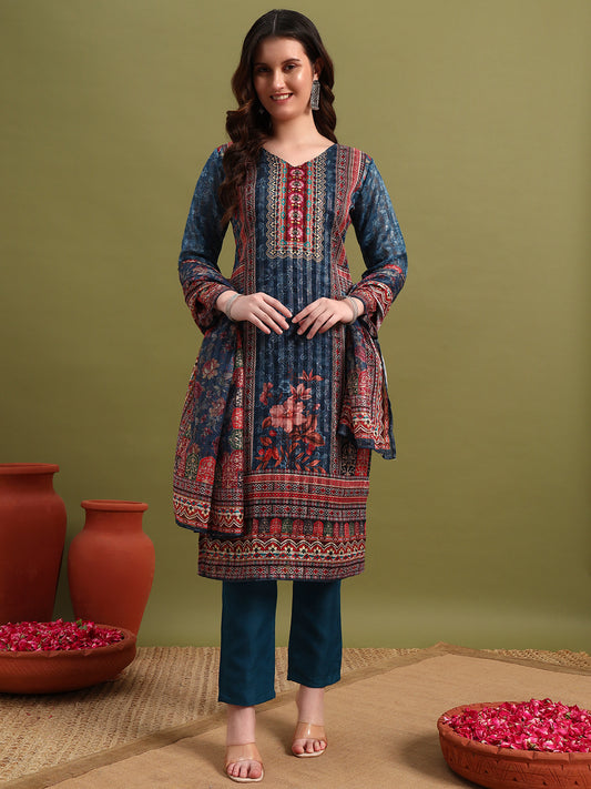 Turquoise Blue Printed Kurta Set with Dupatta & Pants – Elegant Ethnic Wear