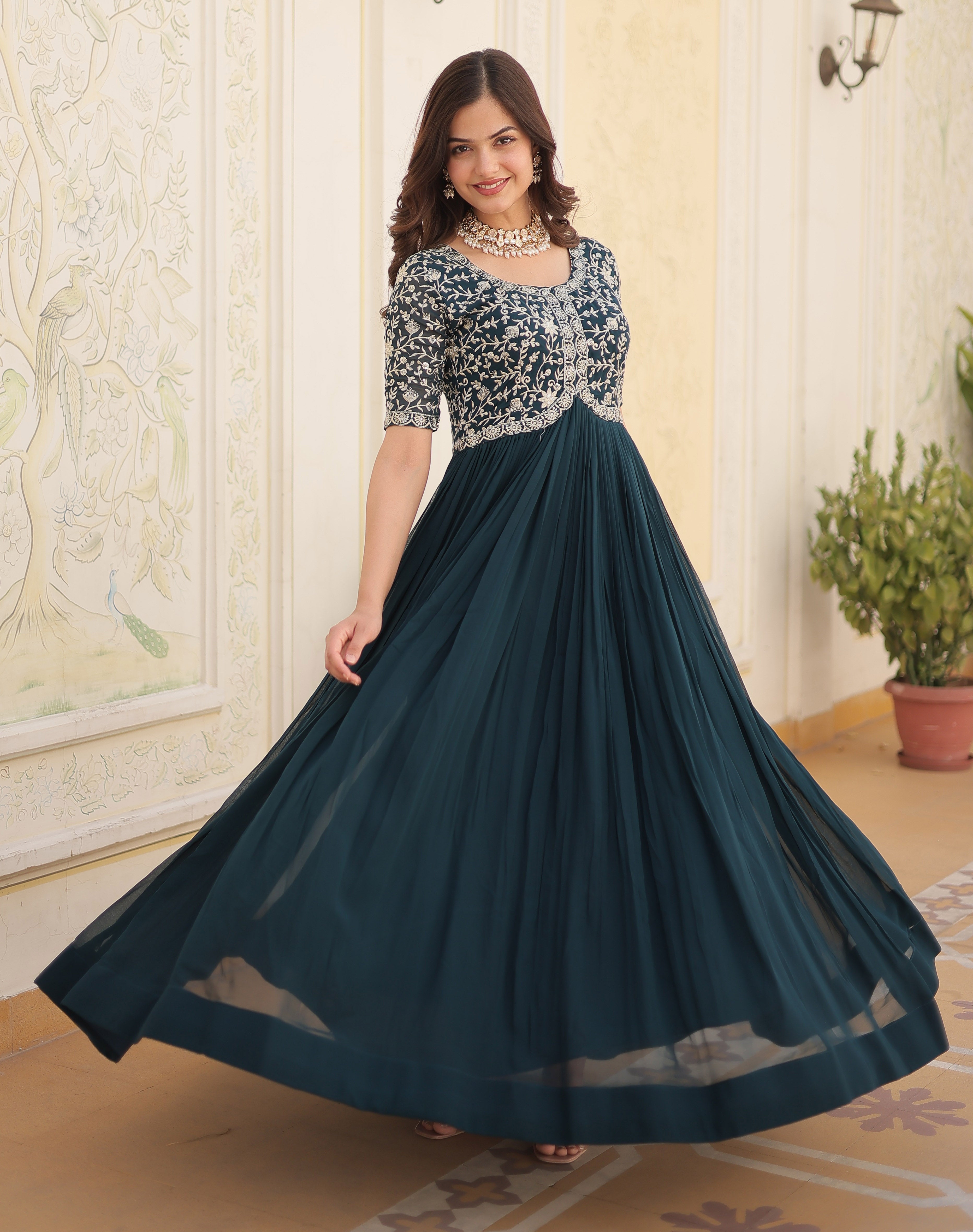 Turquoise Designer Embroidered Anarkali Gown Elegant Ethnic Dress for Women