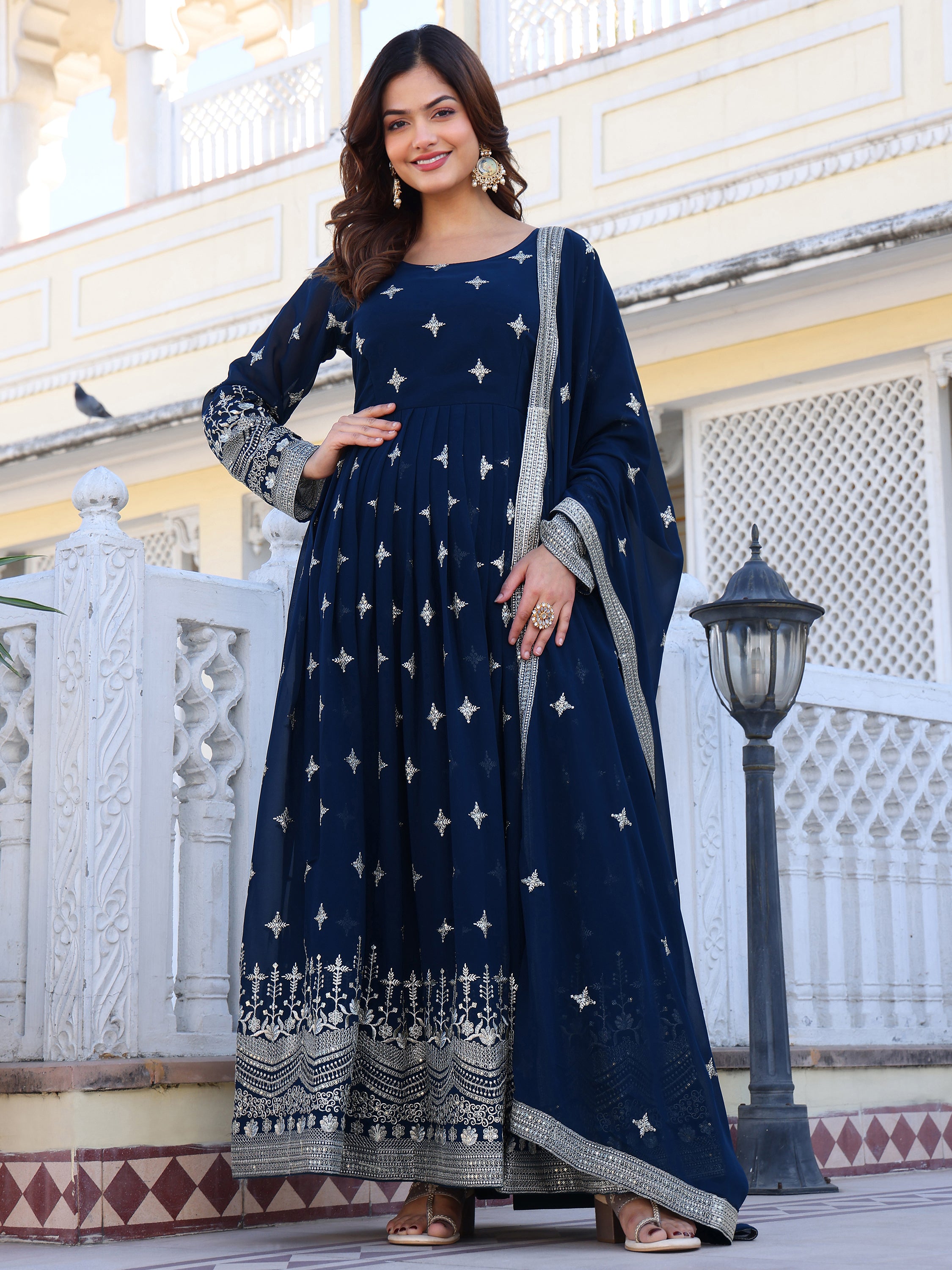 Turquoise Embroidered Anarkali Kurti with Dupatta for Women