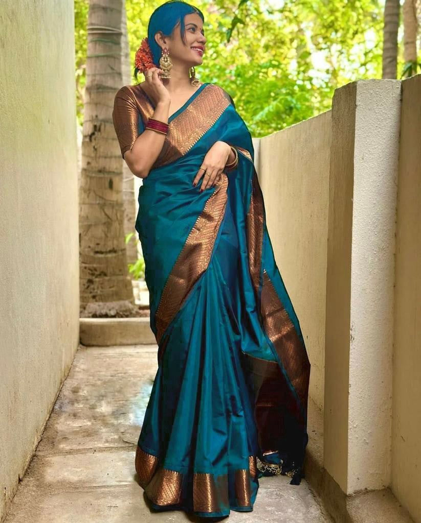 Turquoise Silk Saree with Rich Zari Border