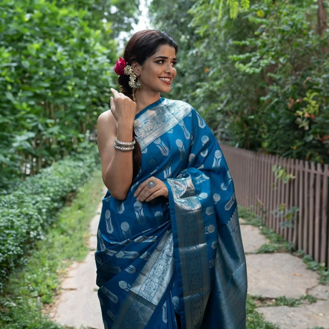 Turquoise Silk Saree with Silver Zari