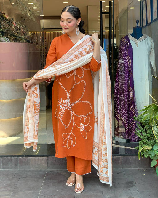 "Festive Radiance: Rust Orange Silk Kurta Set with Banarasi Dupatta"