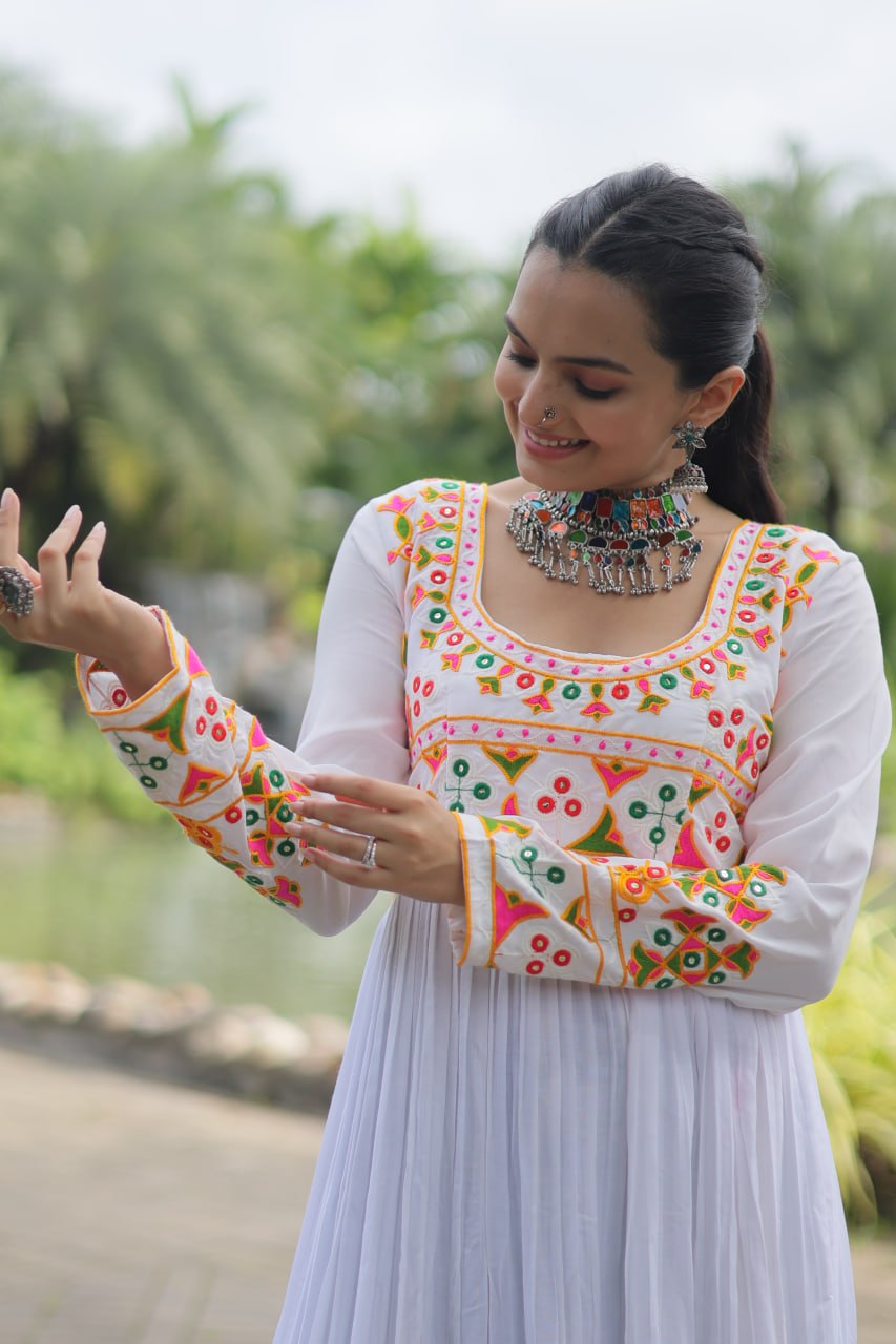 White Embroidered Long Kurta with Dupatta for Women