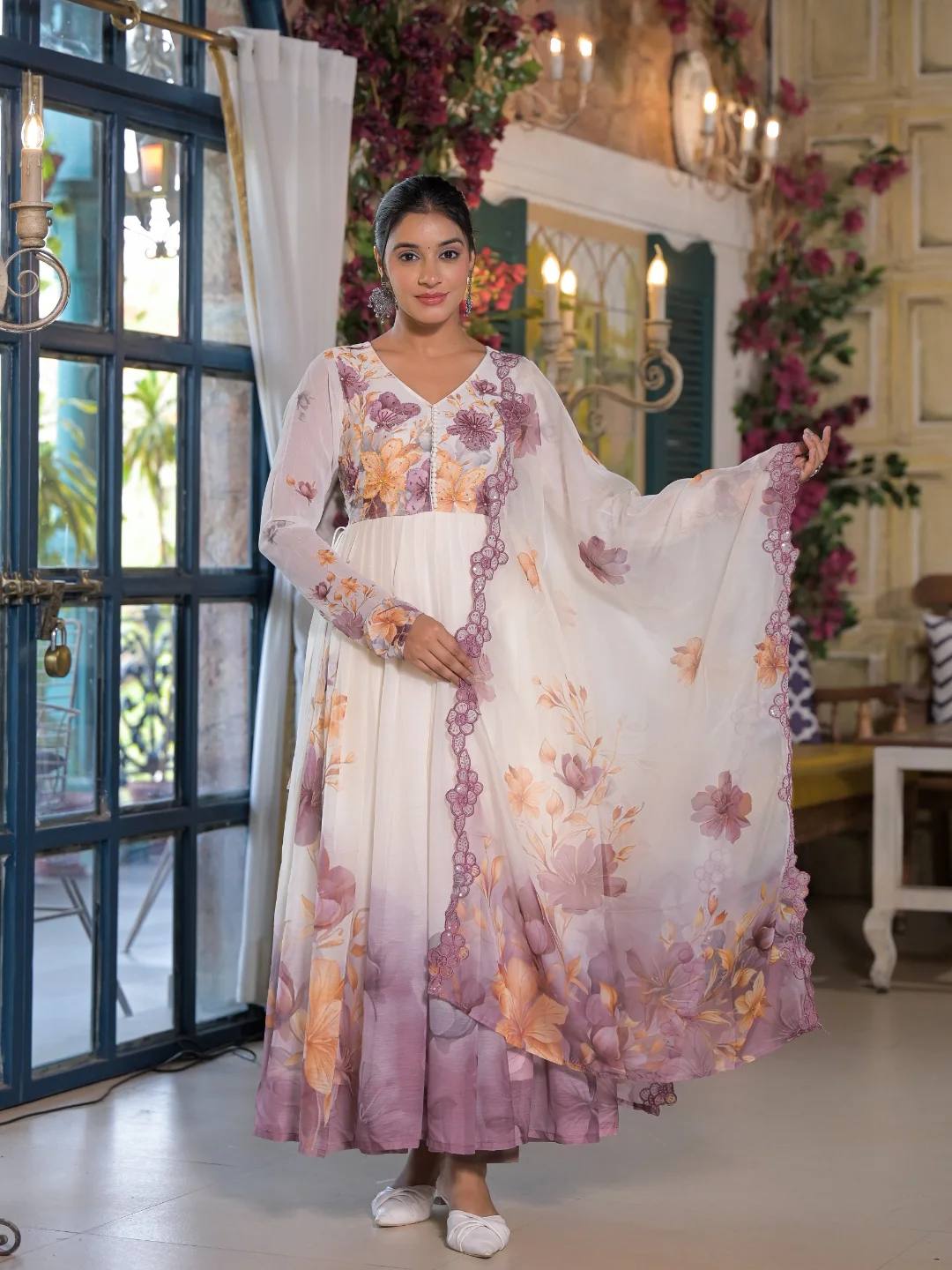 Floral White Anarkali Set with Dupatta for Women